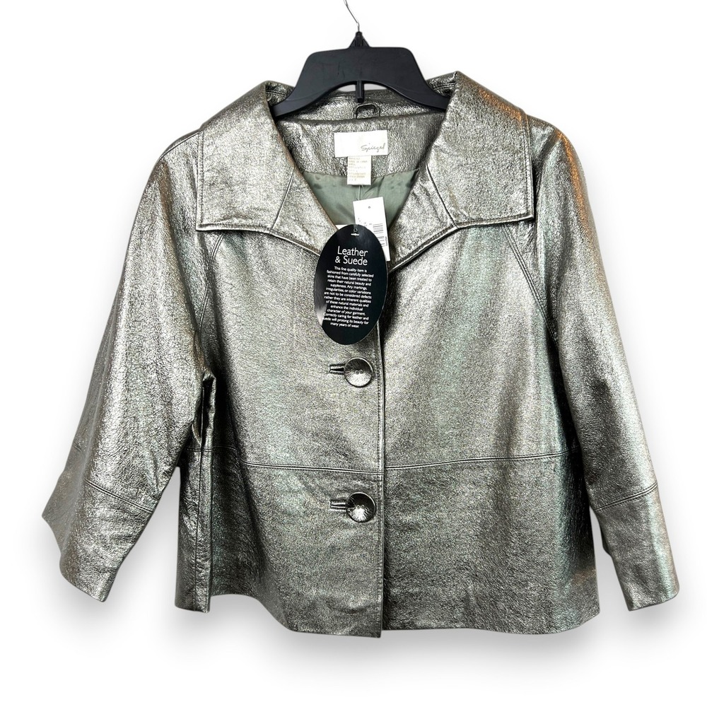 NWT Vintage Spiegel Silver Crop Leather Jacket Size 8 Pewter Metallic Minimalist
